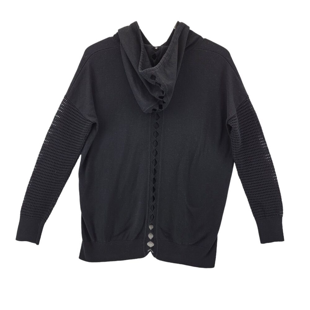 Aqua‎ Pullover Hooded Sweater Size Small Black Open Knit Sleeves Cutouts On Back